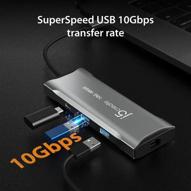 Alt view image 5 of 7 - j5create Laptop Docking Station, 9-in-1, 4K60Hz HDMI, USB-C 10Gbps, 2 USB-A 10Gbps, 100W PD with USB-C 5Gbps, Ethernet, SD 4.0 Card Reader, for MacBook, XPS, Surface Pro