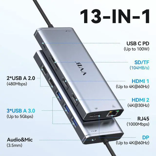 Alt view image 2 of 7 - USB C Laptop Docking Station Dual Monitor HDMI for Dell/HP/Lenovo Laptop Type C Hub Multiport Adapter Dongle Dock,USB C to 2 HDMI+DisplayPort DP+Ethernet+100W USB C Power Charge Port+5USB+SD/TF+Audio