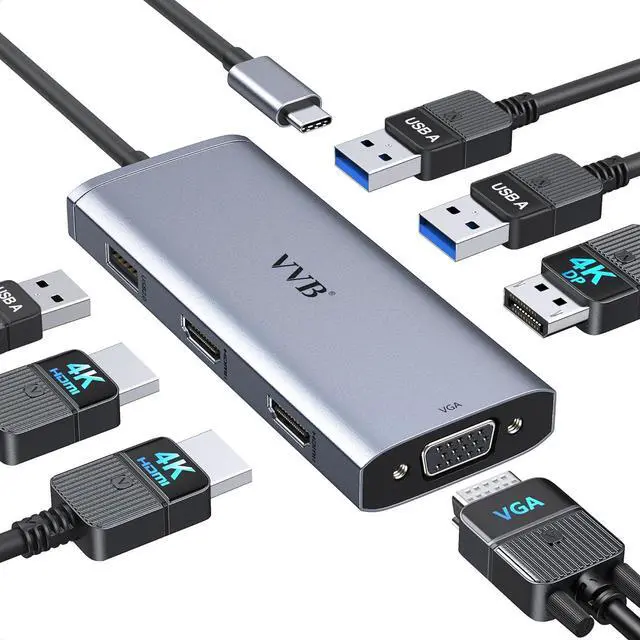 Main image of USB C to Dual HDMI Adapter,USB C Docking Station Dual Monitor Adapter for Dell/HP/Lenovo Laptop,iPhone 15,USB C Hub Dongle Multi Monitors Adapter with 2 HDMI Ports+Displayport DP Port+VGA+3 USB