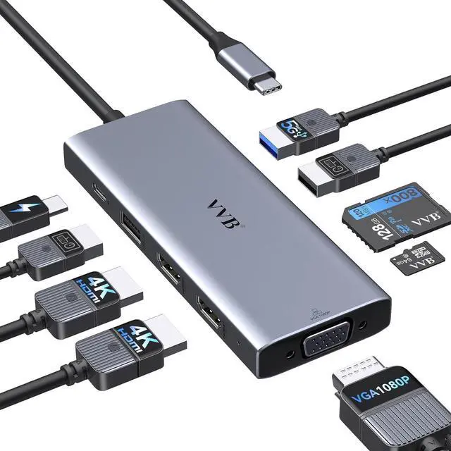 Main image of USB C Docking Station Dual Monitor HDMI Adapter for Dell HP Lenovo,Laptop Docking Station 3 Monitors USB C Hub Multiple Adapter Dongle with 2 HDMI 4K+VGA+100W PD Charger+3 USB Port+SD/TF Card Reader
