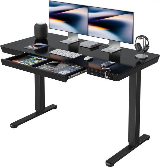 Main image of 48 × 24 Electric Standing Desk with Drawers, Whole-Piece Glass Adjustable Height Desk, One-Piece Quick Install Adjustable Sit Stand Desk, Black