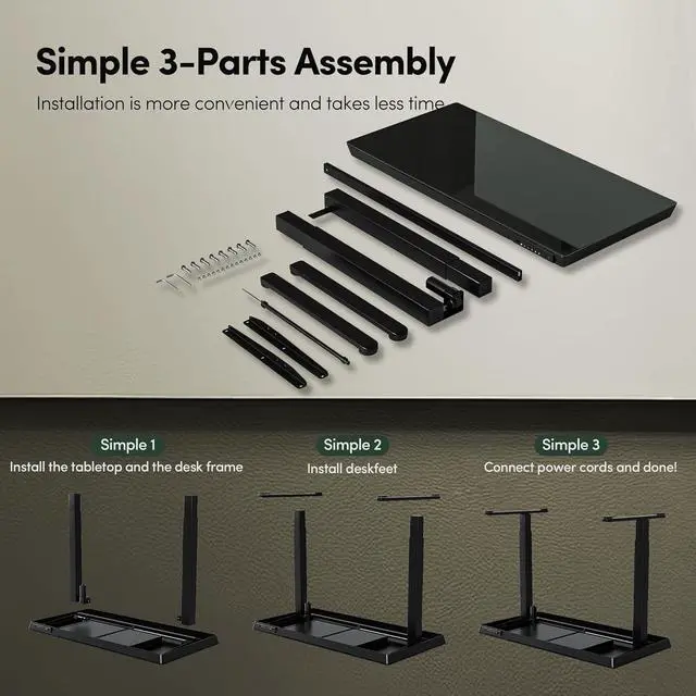 Alt view image 5 of 7 - 48 × 24 Electric Standing Desk with Drawers, Whole-Piece Glass Adjustable Height Desk, One-Piece Quick Install Adjustable Sit Stand Desk, Black
