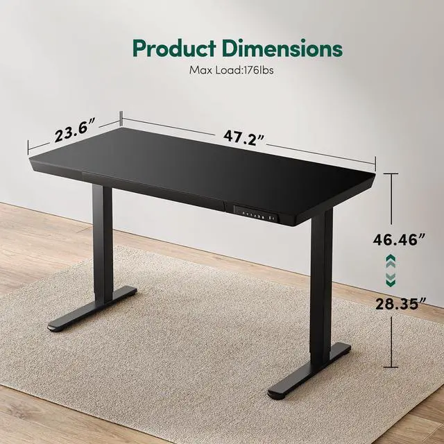 Alt view image 7 of 7 - 48 × 24 Electric Standing Desk with Drawers, Whole-Piece Glass Adjustable Height Desk, One-Piece Quick Install Adjustable Sit Stand Desk, Black
