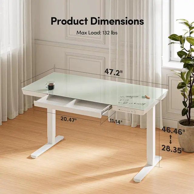 Alt view image 2 of 7 - 48 × 24 Electric Standing Desk with Drawers, Whole-Piece Glass Adjustable Height Desk, One-Piece Quick Install Adjustable Sit Stand Desk, White