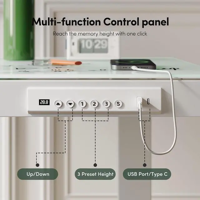 Alt view image 3 of 7 - 48 × 24 Electric Standing Desk with Drawers, Whole-Piece Glass Adjustable Height Desk, One-Piece Quick Install Adjustable Sit Stand Desk, White