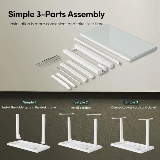 Alt view image 6 of 7 - 48 × 24 Electric Standing Desk with Drawers, Whole-Piece Glass Adjustable Height Desk, One-Piece Quick Install Adjustable Sit Stand Desk, White