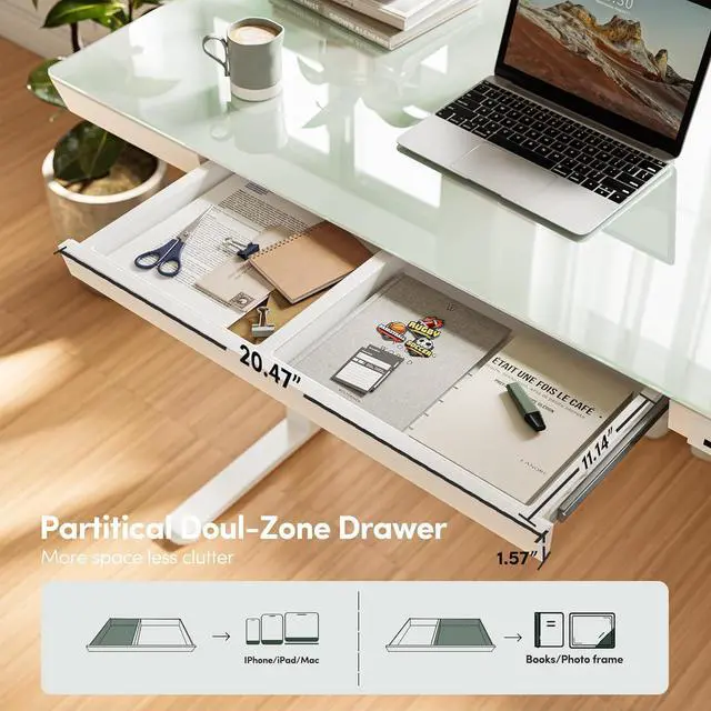 Alt view image 5 of 7 - 48 × 24 Electric Standing Desk with Drawers, Whole-Piece Glass Adjustable Height Desk, One-Piece Quick Install Adjustable Sit Stand Desk, White