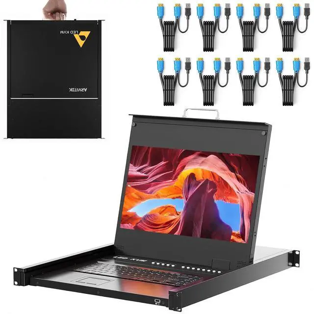 Main image of Rack Mount KVM w/17.3" LCD Monitor, Arvitek 8 Port KVM Switch HDMI w/Handle, Fit 1U 19'' Rack, Suitable for 600-800mm Network Cabinet (Included 8 HDMI KVM Cables)