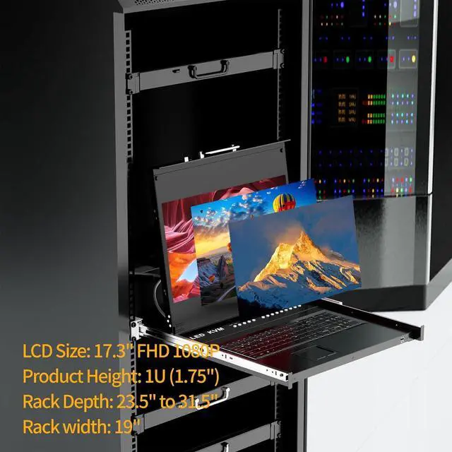 Alt view image 2 of 6 - Rack Mount KVM w/17.3" LCD Monitor, Arvitek 8 Port KVM Switch HDMI w/Handle, Fit 1U 19'' Rack, Suitable for 600-800mm Network Cabinet (Included 8 HDMI KVM Cables)