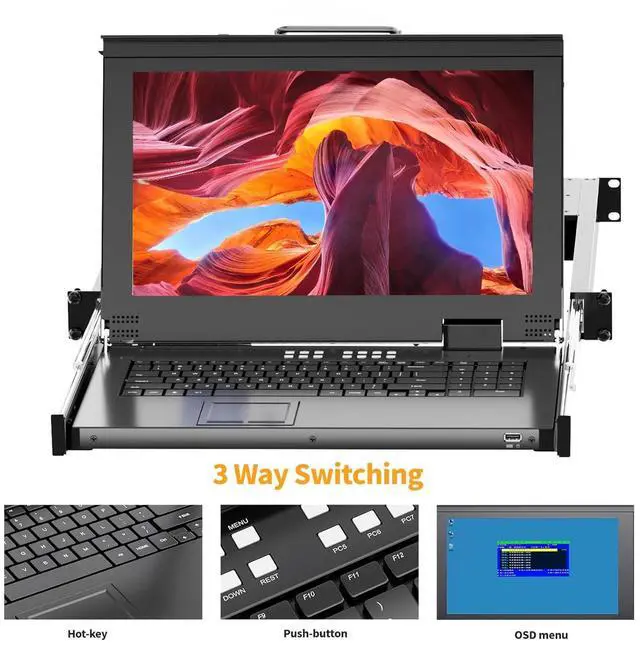 Alt view image 3 of 6 - Rack Mount KVM w/15.6'' LCD Monitor, Arvitek 8 Port KVM Switch HDMI w/Handle, Fit 1U 19'' Rack, Suitable for 600-800mm Network Cabinet (Included 8 HDMI KVM Cables)