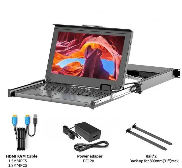 Alt view image 6 of 6 - Rack Mount KVM w/15.6'' LCD Monitor, Arvitek 8 Port KVM Switch HDMI w/Handle, Fit 1U 19'' Rack, Suitable for 600-800mm Network Cabinet (Included 8 HDMI KVM Cables)