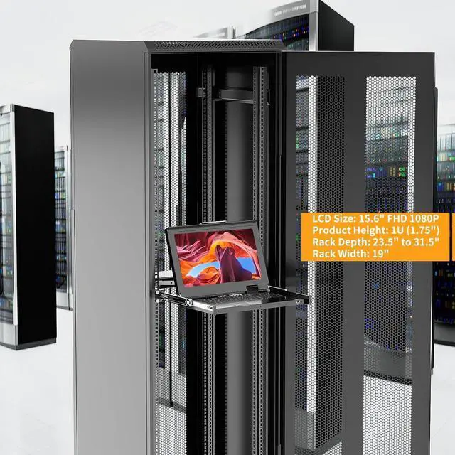 Alt view image 2 of 6 - Rack Mount KVM w/15.6'' LCD Monitor, Arvitek 8 Port KVM Switch HDMI w/Handle, Fit 1U 19'' Rack, Suitable for 600-800mm Network Cabinet (Included 8 HDMI KVM Cables)