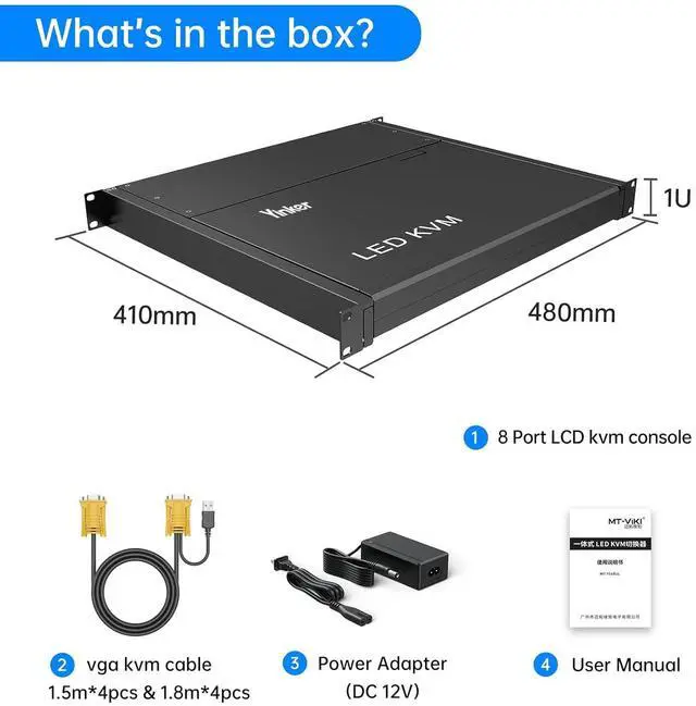 Alt view image 6 of 6 - 8 Port Rack Mount LCD KVM Console, Yinker VGA KVM Switch with 15.6 inch LCD Monitor, Fit 1U 19" Rack 600mm-deep Network Server Cabinet w/Keyboard Touchpad Drawer KVM Cables