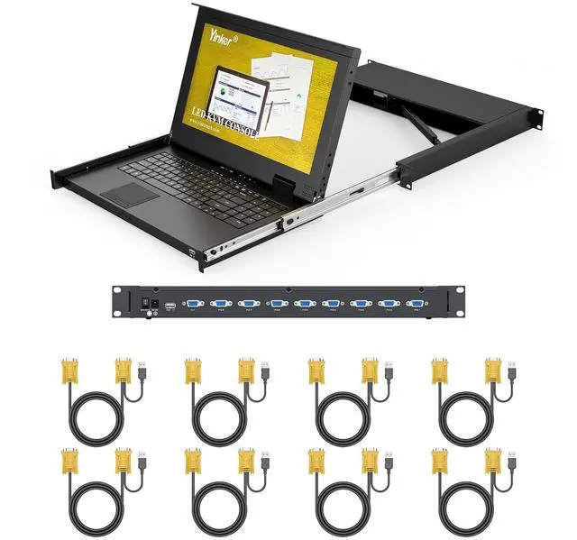 Main image of 8 Port Rack Mount LCD KVM Console, Yinker VGA KVM Switch with 15.6 inch LCD Monitor, Fit 1U 19" Rack 600mm-deep Network Server Cabinet w/Keyboard Touchpad Drawer KVM Cables