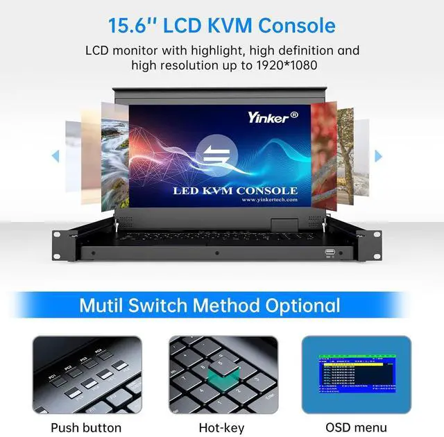Alt view image 3 of 6 - 8 Port Rack Mount LCD KVM Console, Yinker VGA KVM Switch with 15.6 inch LCD Monitor, Fit 1U 19" Rack 600mm-deep Network Server Cabinet w/Keyboard Touchpad Drawer KVM Cables