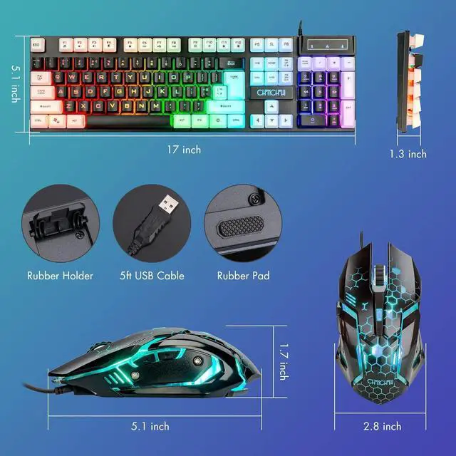 Alt view image 3 of 7 - Light Up Keyboard and Mouse Combo, Full Size RGB Gaming LED Keyboard and Rainbow Wired Gaming Mouse for PS4 PS5 Xbox One Computer Desktop PC Gamer Office