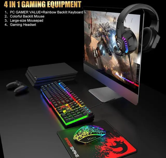 Alt view image 2 of 7 - Wired Gaming Keyboard and Mouse Headset Combo,Rainbow LED Backlit Wired Keyboard,Over Ear Headphone with Mic,Rainbow Backlit Gaming Mice,Mouse Pad,for PC,Laptop,Mac,PS4,Xbox(Black)