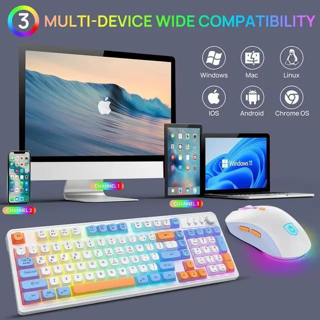 Alt view image 7 of 7 - Wireless Keyboard and Mouse Combo,Triple Mode 2.4G/Wired/Bluetooth Gaming Keyboard and Mouse,Rechargeable Ergonomic RGB Backlit Light Up Keyboard Mouse with Knob for WinPC/Mac/Tablet White