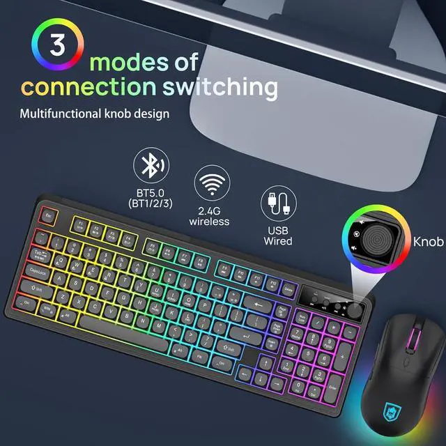 Alt view image 2 of 7 - Wireless Keyboard and Mouse Combo,Triple Mode 2.4G/Wired/Bluetooth Gaming Keyboard and Mouse,Rechargeable Ergonomic RGB Backlit Light Up Keyboard Mouse with Knob for WinPC/Mac/Tablet Black
