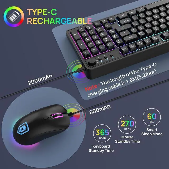Alt view image 6 of 7 - Wireless Keyboard and Mouse Combo,Triple Mode 2.4G/Wired/Bluetooth Gaming Keyboard and Mouse,Rechargeable Ergonomic RGB Backlit Light Up Keyboard Mouse with Knob for WinPC/Mac/Tablet Black