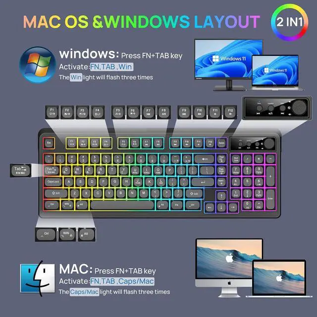 Alt view image 5 of 7 - Wireless Keyboard and Mouse Combo,Triple Mode 2.4G/Wired/Bluetooth Gaming Keyboard and Mouse,Rechargeable Ergonomic RGB Backlit Light Up Keyboard Mouse with Knob for WinPC/Mac/Tablet Black