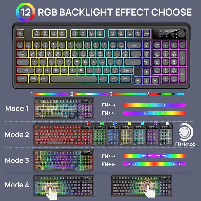 Alt view image 4 of 7 - Wireless Keyboard and Mouse Combo,Triple Mode 2.4G/Wired/Bluetooth Gaming Keyboard and Mouse,Rechargeable Ergonomic RGB Backlit Light Up Keyboard Mouse with Knob for WinPC/Mac/Tablet Black