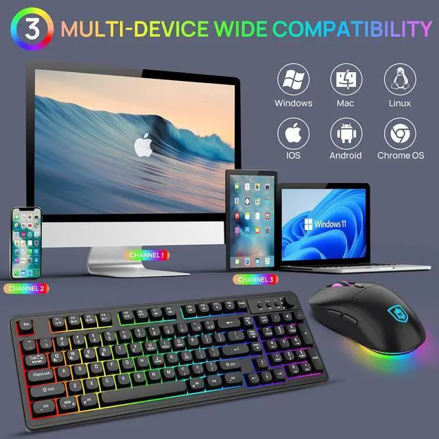 Alt view image 7 of 7 - Wireless Keyboard and Mouse Combo,Triple Mode 2.4G/Wired/Bluetooth Gaming Keyboard and Mouse,Rechargeable Ergonomic RGB Backlit Light Up Keyboard Mouse with Knob for WinPC/Mac/Tablet Black