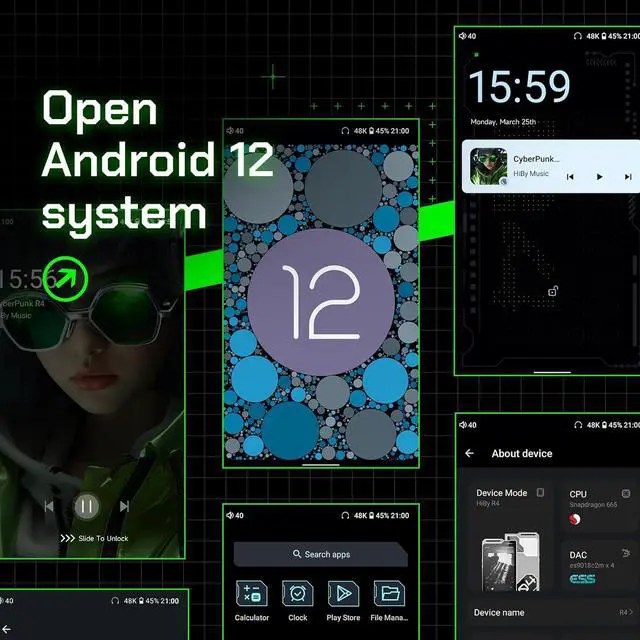 Alt view image 4 of 7 - Mp3 & Mp4 Players spotify Player with Bluetooth and WiFi 4-Way HiFi DAP Android 12 OS 3.5mm po+4.4mm bal 32G+2TB Scalable Memory - Orange