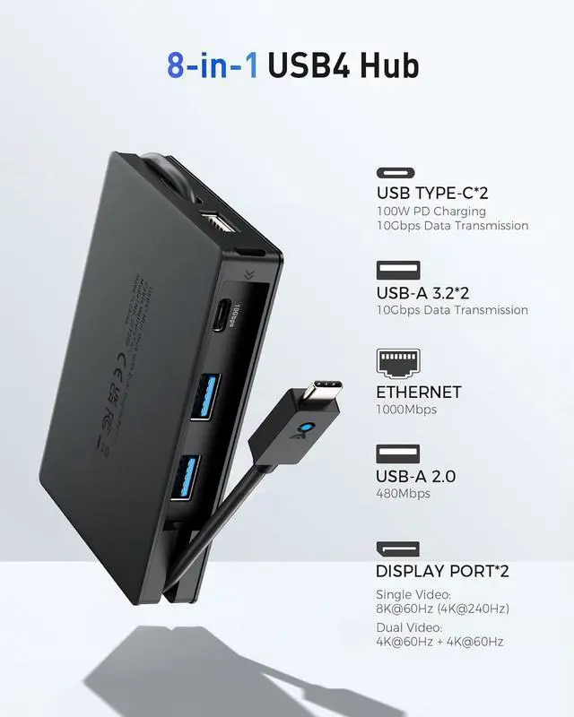 Alt view image 3 of 7 - Cable Matters 8-in-1 Portable 40Gbps USB4 Hub (USB 4 Dock) Dual DisplayPort 4K@60Hz, Single DP 4K@240Hz/8K@60Hz, 100W PD, Gigabit Ethernet, Compatible with Thunderbolt 4 (*macOS's Display Limitation)