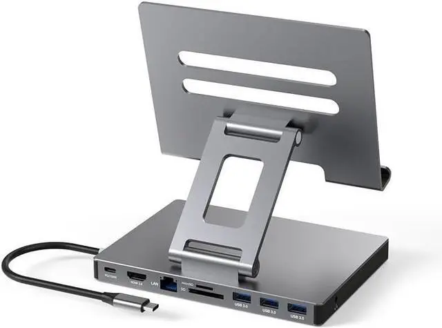 Main image of USB C Hub Stand for iPad Pro, 9-in-1 Adapter for iPad Pro M4 M2 13 12.9 11 Inch Docking Station Foldable with 4K 60Hz HDMI, RJ45 Gigabit Ethernet, SD/TF Card Reader, 3 USB 3.0, 3.5 mm Audio, iPad Air