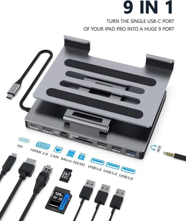 Alt view image 2 of 7 - USB C Hub Stand for iPad Pro, 9-in-1 Adapter for iPad Pro M4 M2 13 12.9 11 Inch Docking Station Foldable with 4K 60Hz HDMI, RJ45 Gigabit Ethernet, SD/TF Card Reader, 3 USB 3.0, 3.5 mm Audio, iPad Air