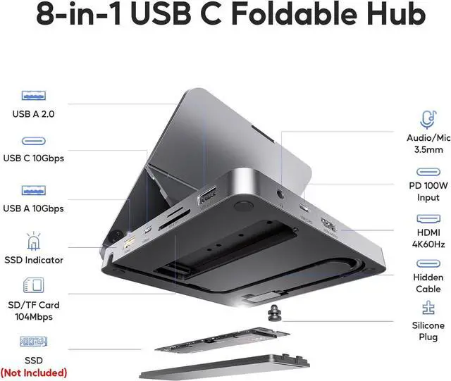 Alt view image 2 of 7 - USB C Hub for iPad Pro, Docking Station for iPad M4, 4K@60Hz HDMI, 100W PD Aluminum Hub with SSD Enclosure, Stand Dock for i-Pad Mini 6th Gen, No Support Lightning Port