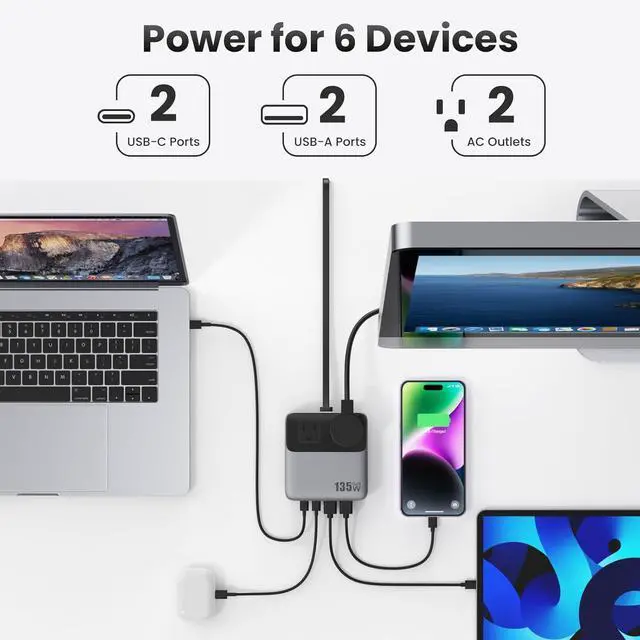 Alt view image 3 of 7 - USB C Charger Block,135W GaN Fast Charging Station Hub,6-in-1 USB C Power Strip with 5ft Cord,2 AC & 2 USB A & C,PD 65W Laptop Charger for MacBook Air/Pro,iPhone16/15,Galaxy S24 etc