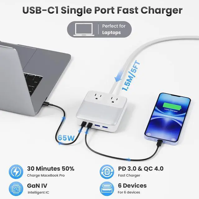 Alt view image 6 of 7 - USB C Charger Block,135W GaN Fast Charging Station Hub,6-in-1 USB C Power Strip with 5ft Cord,2 AC & 2 USB A & C,PD 65W Laptop Charger for MacBook Air/Pro,iPhone16/15,Galaxy S24 etc White