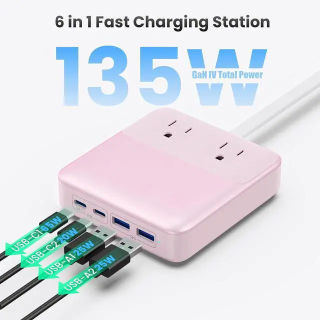 Alt view image 7 of 7 - USB C Charger Block,135W GaN Fast Charging Station Hub,6-in-1 USB C Power Strip with 5ft Cord,2 AC & 2 USB A & C,PD 65W Laptop Charger for MacBook Air/Pro,iPhone16/15,Galaxy S24 etc Pink