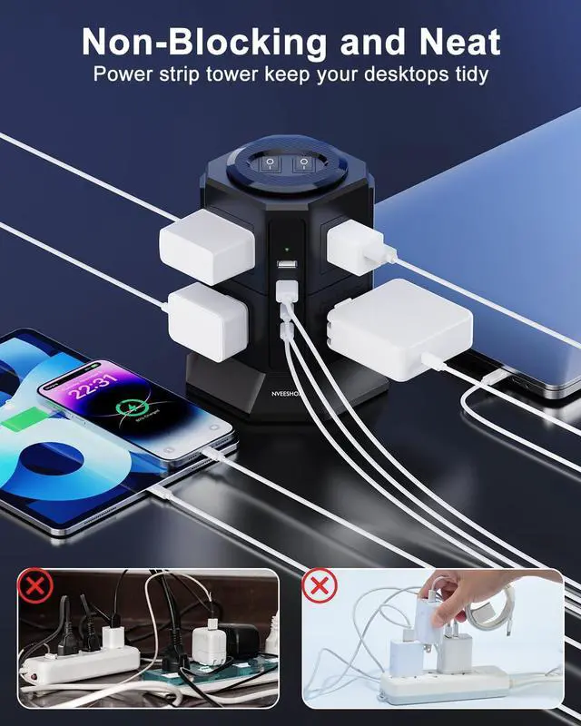 Alt view image 5 of 7 - Surge Protector Power Strip Tower with 8 AC Outlets 4 USB Ports(2 Type C), 6.5 FT Ultra Flat Extension Cord, Flat Plug Power Strips Tower with Surge Protection for Home, Office, Dorm