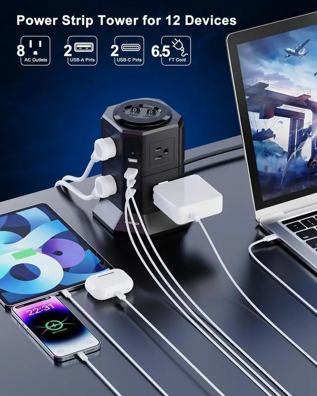 Alt view image 2 of 7 - Surge Protector Power Strip Tower with 8 AC Outlets 4 USB Ports(2 Type C), 6.5 FT Ultra Flat Extension Cord, Flat Plug Power Strips Tower with Surge Protection for Home, Office, Dorm