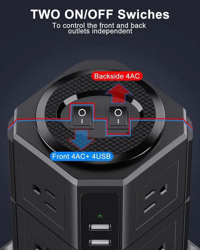Alt view image 6 of 7 - Surge Protector Power Strip Tower with 8 AC Outlets 4 USB Ports(2 Type C), 6.5 FT Ultra Flat Extension Cord, Flat Plug Power Strips Tower with Surge Protection for Home, Office, Dorm