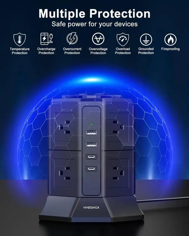 Alt view image 7 of 7 - Surge Protector Power Strip Tower with 8 AC Outlets 4 USB Ports(2 Type C), 6.5 FT Ultra Flat Extension Cord, Flat Plug Power Strips Tower with Surge Protection for Home, Office, Dorm