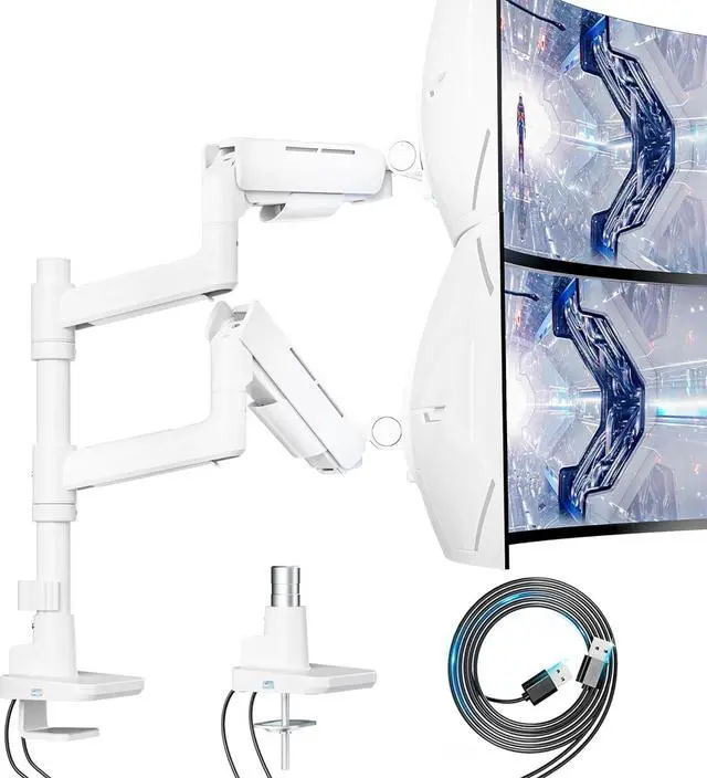 Main image of Vertical Dual Monitor Mount for 17-49 Inch Ultrawide Heavy Duty Curved Screen Stacking, Computer Monitor Arm Desk Mount with USB, Gas Spring Adjustable Vesa Stand - White