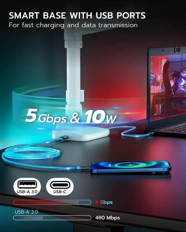 Alt view image 5 of 7 - Vertical Dual Monitor Mount for 17-49 Inch Ultrawide Heavy Duty Curved Screen Stacking, Computer Monitor Arm Desk Mount with USB, Gas Spring Adjustable Vesa Stand - White