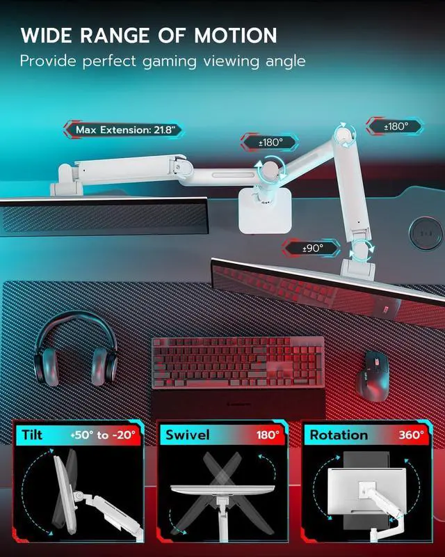 Alt view image 2 of 7 - Vertical Dual Monitor Mount for 17-49 Inch Ultrawide Heavy Duty Curved Screen Stacking, Computer Monitor Arm Desk Mount with USB, Gas Spring Adjustable Vesa Stand - White