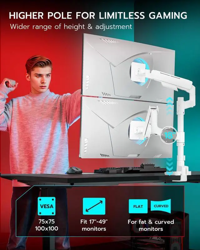 Alt view image 7 of 7 - Vertical Dual Monitor Mount for 17-49 Inch Ultrawide Heavy Duty Curved Screen Stacking, Computer Monitor Arm Desk Mount with USB, Gas Spring Adjustable Vesa Stand - White