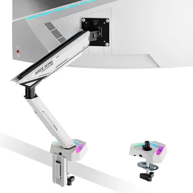 Main image of RGB Single Monitor Arm Desk Mount for 17-45 inches Flat and Curved Monitors, Holds 35.2 lbs Heavy Duty, Adjustable Ultrawide Monitor Arm with Clamp & Grommet Base, 75/100 VESA Mount, White