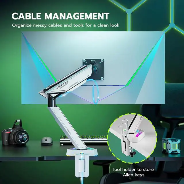 Alt view image 6 of 7 - RGB Single Monitor Arm Desk Mount for 17-45 inches Flat and Curved Monitors, Holds 35.2 lbs Heavy Duty, Adjustable Ultrawide Monitor Arm with Clamp & Grommet Base, 75/100 VESA Mount, White