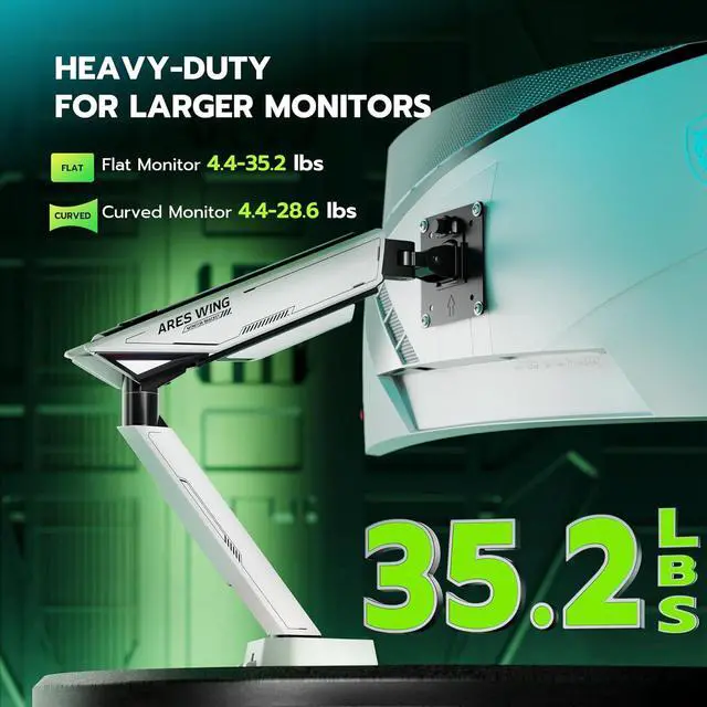 Alt view image 3 of 7 - RGB Single Monitor Arm Desk Mount for 17-45 inches Flat and Curved Monitors, Holds 35.2 lbs Heavy Duty, Adjustable Ultrawide Monitor Arm with Clamp & Grommet Base, 75/100 VESA Mount, White