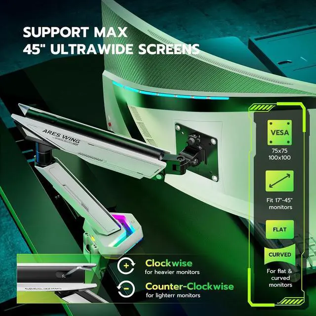 Alt view image 4 of 7 - RGB Single Monitor Arm Desk Mount for 17-45 inches Flat and Curved Monitors, Holds 35.2 lbs Heavy Duty, Adjustable Ultrawide Monitor Arm with Clamp & Grommet Base, 75/100 VESA Mount, White