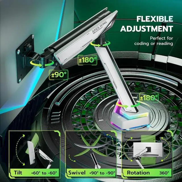 Alt view image 5 of 7 - RGB Single Monitor Arm Desk Mount for 17-45 inches Flat and Curved Monitors, Holds 35.2 lbs Heavy Duty, Adjustable Ultrawide Monitor Arm with Clamp & Grommet Base, 75/100 VESA Mount, White