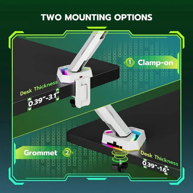 Alt view image 7 of 7 - RGB Single Monitor Arm Desk Mount for 17-45 inches Flat and Curved Monitors, Holds 35.2 lbs Heavy Duty, Adjustable Ultrawide Monitor Arm with Clamp & Grommet Base, 75/100 VESA Mount, White