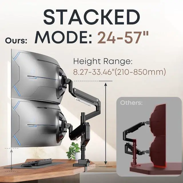 Alt view image 3 of 7 - 24-57 inch Dual Vertical Monitor Mount, Heavy Duty Monitor Arm for 2 Monitors, up to 59.4 lbs, Extra Tall/Wide Adjustable, Premium Aluminum Dual Monitor Desk Mount, VESA 75x75-200x200 mm